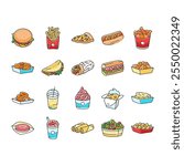 fast food burger hamburger pizza icons set vector. sandwich, meal lunch, drink snack, soda eat unhealthy, restaurant donut, junk taco fast food burger hamburger pizza color line illustrations