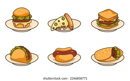  Fast food burger hamburger pizza hot dog snack on plate concept set. Line art outline style. Vector graphic design illustration