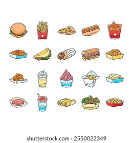 Iconos de pizza de hamburguesa de comida rápida Conjunto de Vector. sándwich, almuerzo de comida, bocadillo de bebida, soda eat unhealthy, restaurante donut, taco de comida chatarra hamburguesa pizza hamburguesa línea de color Ilustraciones