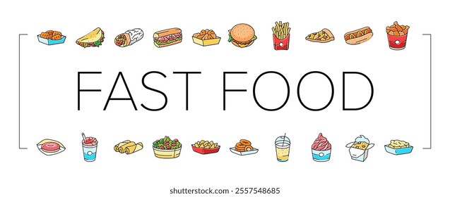 fast food burger hamburger pizza icons set vector. sandwich, meal lunch, drink snack, soda eat unhealthy, restaurant donut, junk taco fast food burger hamburger pizza color line illustrations