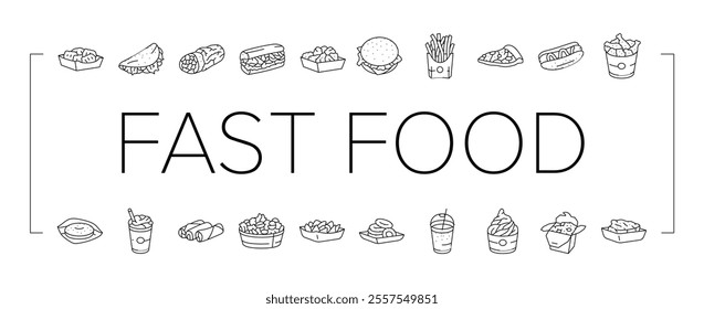 fast food burger hamburger pizza icons set vector. sandwich, meal lunch, drink snack, soda eat unhealthy, restaurant donut, junk taco fast food burger hamburger pizza black contour illustrations