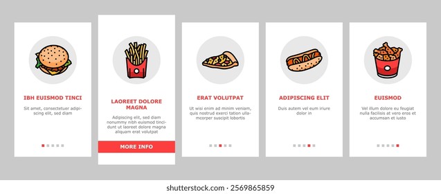 fast food burger hamburger pizza onboarding mobile vector sandwich, meal lunch, drink snack, soda eat unhealthy, restaurant donut, junk taco fast food burger hamburger pizza illustrations