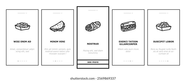 fast food burger hamburger pizza onboarding mobile vector sandwich, meal lunch, drink snack, soda eat unhealthy, restaurant donut, junk taco fast food burger hamburger pizza illustrations