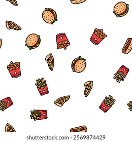 fast food burger hamburger pizza vector seamless pattern thin line illustration