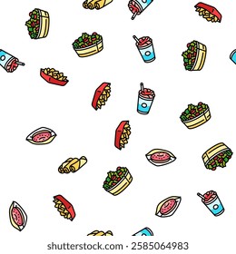 fast food burger hamburger pizza vector seamless pattern thin line illustration