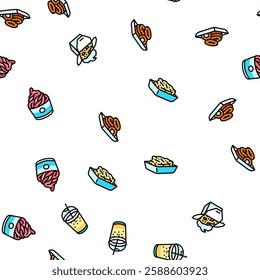 fast food burger hamburger pizza vector seamless pattern thin line illustration