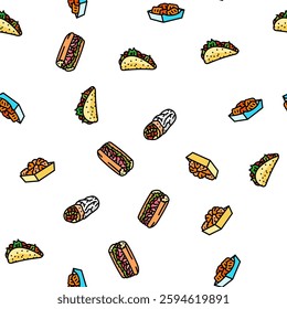 fast food burger hamburger pizza vector seamless pattern thin line illustration