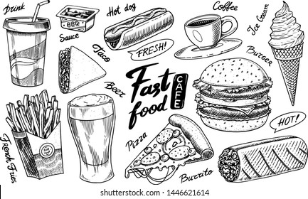 Fast food, burger and hamburger, tacos and hot dog, burrito and beer, drink and ice cream. Vintage Sketch for restaurant menu. Hand drawn in retro style.