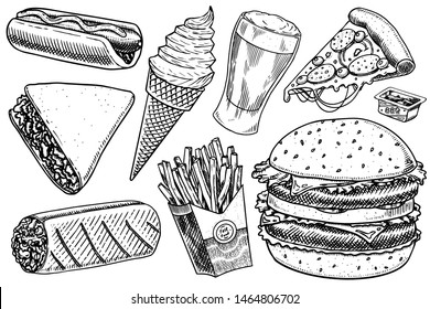 Fast food, burger and hamburger, tacos and hot dog, burrito and beer, drink and ice cream. Vintage Sketch for restaurant menu. Hand drawn in retro style.