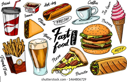 Fast food, burger and hamburger, tacos and hot dog, burrito and beer, drink and ice cream. Vintage Sketch for restaurant menu. Hand drawn in retro style.
