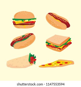 Fast food : burger, hot dog, sandwich, pizza and tortilla