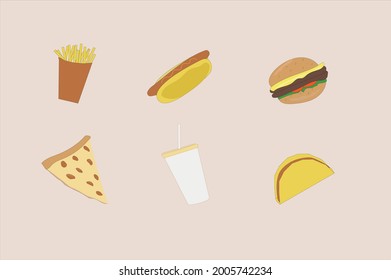 fast food, burger, hot dog, fries, pizza slice, fountain drink, taco