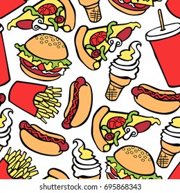 Fast food. Burger, hot dog, French fries, milkshake, ice cream, pizza. Seamless vector pattern (background).