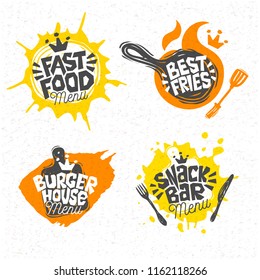 Fast food, hambúrguer, melhor pizza, batatas fritas, logotipo, sinais, símbolos, emblemas, etiquetas, letras. Menu restaurante, café, bistrô, snack-bar, restaurante. Ilustração vetorial desenhada à mão.