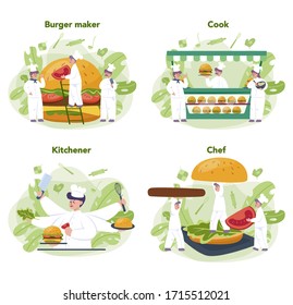 Fast food, burger house concept set. Chef cook tasty hamburger with cheese, tomato and beef between delicious bun. Fast food restaurant. Isolated flat vector illustration