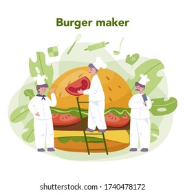Fast food, burger house concept. Chef cook tasty hamburger with cheese, tomato and beef between delicious bun. Fast food restaurant. Isolated flat vector illustration