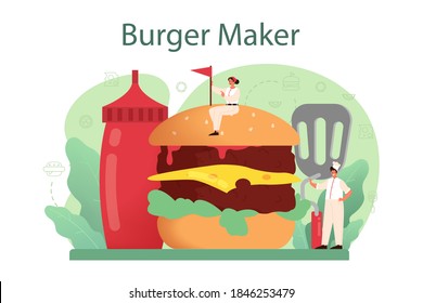 Fast food, burger house concept. Chef cook tasty hamburger with cheese, tomato and beef between delicious bun. Fast food restaurant. Isolated flat vector illustration