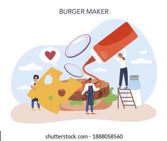 Fast food, burger house concept. Chef cook tasty hamburger with cheese, tomato and beef between delicious bun. Fast food restaurant. Isolated flat vector illustration