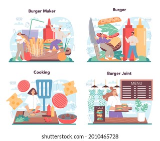 Fast food, burger house concept set. Chef cook tasty hamburger with cheese, tomato and beef between delicious bun. Fast food restaurant. Isolated flat vector illustration