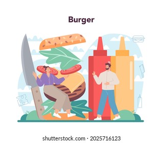 Fast food, burger house concept. Chef cook tasty hamburger with cheese, tomato and beef between delicious bun. Fast food restaurant. Isolated flat vector illustration