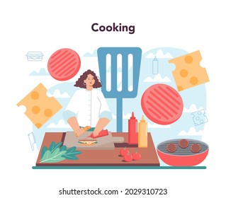 Fast food, burger house concept. Chef cook tasty hamburger with cheese, tomato and beef between delicious bun. Fast food restaurant. Isolated flat vector illustration