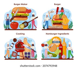 Fast food, burger house concept set. Chef cook tasty hamburger with cheese, tomato and grilled beef and bun. Fast food restaurant, american street snack. Isolated flat vector illustration