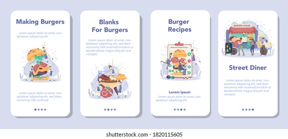 Fast food, burger house mobile application banner set. Chef cook tasty hamburger with cheese, tomato and beef between delicious bun. Fast food truck. Isolated flat vector illustration