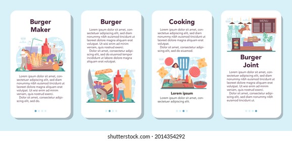 Fast food, burger house mobile application banner set. Chef cook tasty hamburger with cheese, tomato and beef between delicious bun. Fast food restaurant. Isolated flat vector illustration