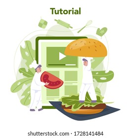 Fast food, burger house online service or platform. Chef cook tasty hamburger. Fast food restaurant. Online video tutorial. Isolated flat vector illustration