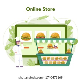 Fast food, burger house online service or platform. Chef cook tasty hamburger. Fast food restaurant online shop. Isolated flat vector illustration