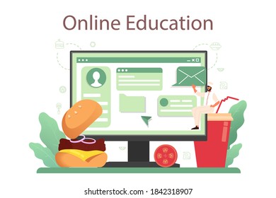 Fast food, burger house online service or platform. Chef cooking tasty hamburger. Fast food restaurant online education. Isolated flat vector illustration