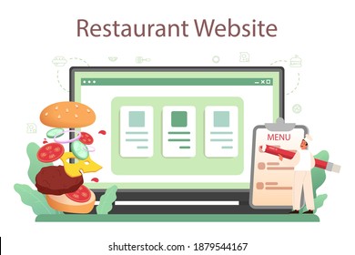 Fast food, burger house online service or platform. Chef cooking tasty hamburger. Fast food restaurant website. Isolated flat vector illustration