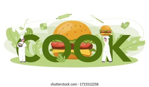 Fast food, burger house typographic header concept. Chef cook tasty hamburger with cheese, tomato and beef between delicious bun. Fast food restaurant. Isolated flat vector illustration