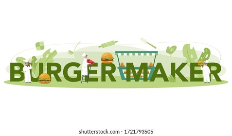 Fast food, burger house typographic header concept. Chef cook tasty hamburger with cheese, tomato and beef between delicious bun. Fast food restaurant. Isolated flat vector illustration