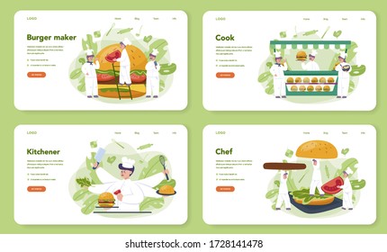 Fast food, burger house web banner or landing page set. Chef cook tasty hamburger with cheese, tomato and beef between delicious bun. Fast food restaurant. Isolated flat vector illustration
