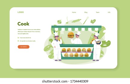 Fast food, burger house web banner or landing page. Chef cook tasty hamburger with cheese, tomato and beef between delicious bun. Fast food restaurant. Isolated flat vector illustration