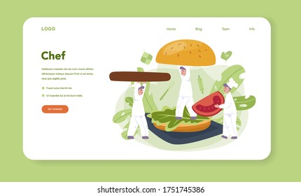 Fast food, burger house web banner or landing page. Chef cook tasty hamburger with cheese, tomato and beef between delicious bun. Fast food restaurant. Isolated flat vector illustration