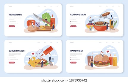 Fast food, burger house web banner or landing page set. Chef cook tasty hamburger with cheese, tomato and beef between delicious bun. Fast food restaurant. Isolated flat vector illustration