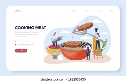 Fast food, burger house web banner or landing page. Chef cook tasty hamburger with cheese, tomato and beef between delicious bun. Fast food restaurant. Isolated flat vector illustration