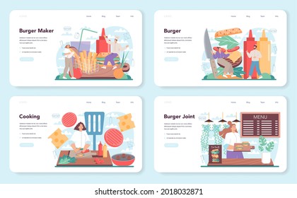 Fast food, burger house web banner or landing page set. Chef cook tasty hamburger with cheese, tomato and beef between delicious bun. Fast food restaurant. Isolated flat vector illustration