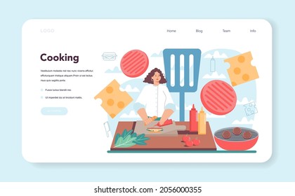 Fast food, burger house web banner or landing page. Chef cook tasty hamburger with cheese, tomato and beef between delicious bun. Fast food restaurant. Isolated flat vector illustration