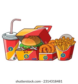 Fast food burger menu vector illustration. Fast food hamburger,cola,french fries and onion rings vector set.