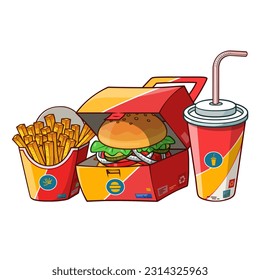 Fast food burger menu vector illustration. Fast food burger, french fries and cola vector set