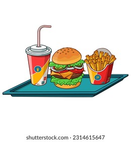 Fast food burger menu vector illustration. Burger menu cola, hamburger and french fries vector set.