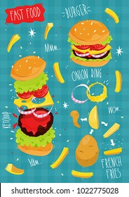 Fast Food. Burger. Onion Ring. Ketchup. French fries. Potato. Vector illustration