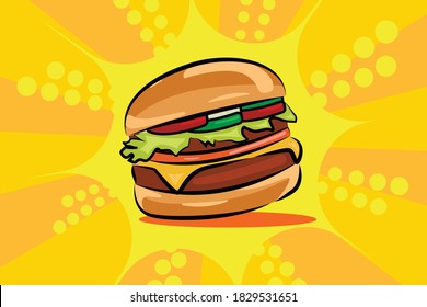 Fast Food Burger, with orange background. Vector Illustration