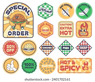 Fast food burger packaging stickers. Special order label, caution hot badge, meat type labels for Chicken, Fish and Beef, Vegan sticker vector illustration set of hot badge and label