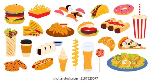 Fast food burger, pizza, hamburger and drink with sandwich, vector lunch menu set. Fast food chicken meals, coffee and snacks, fastfood restaurant icons of hot dog, ice cream or sushi and potato fries