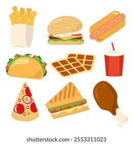 Fast food hambúrguer pizza hot dog Taco ícone sanduíche conjunto vetor ilustração design isolado