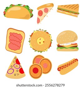 fast food burger pizza hot dog Taco sandwich icon set vector illustration design isolated